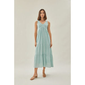 Tiered Maxi Sundress Plaid Sleeveless V Neck Side Pockets Cotton Frost S